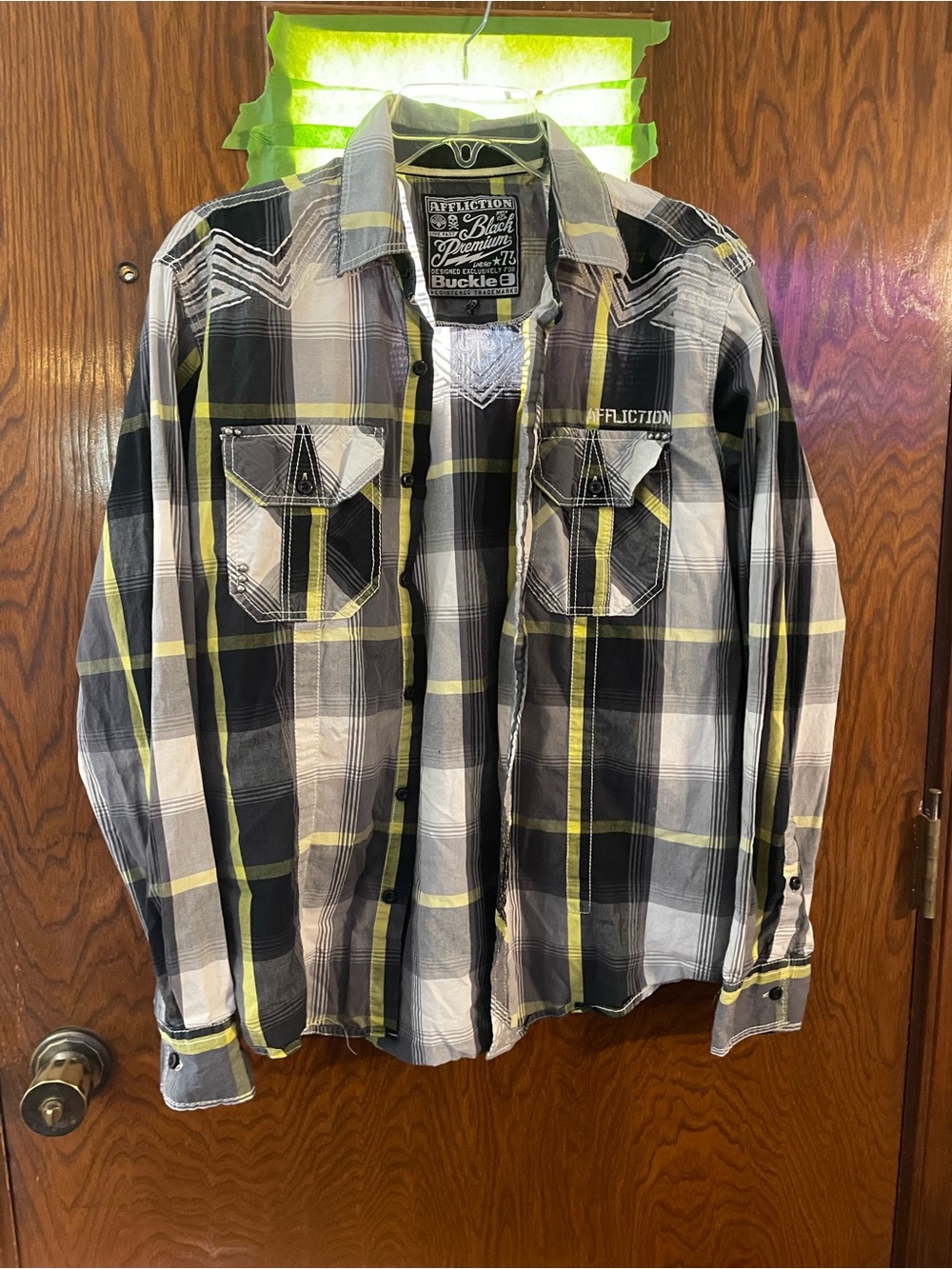 Affliction Men's Black, Gray & Yellow Plaid Button-Front Shirt Jacket
